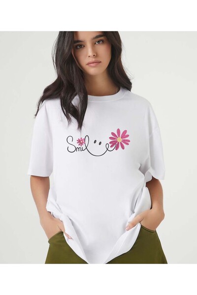 ASELİNDA Tricou pentru femei New Trend cu imprimeu Smile - tricou alb cu gâtul rotund