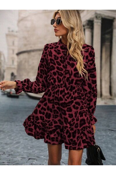 Monapera Kadın Uzun Kollu Yakadan Bağcıklı Modal Leopar Desenli Mini Elbise