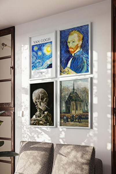 Basquiart Poster artistic Van Gogh, înrămat alb, set de 4 piese, set de pictu...