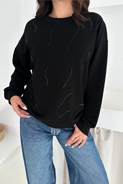 FEMELLE Дамска черна бродирана блуза от 100% памук с мъниста