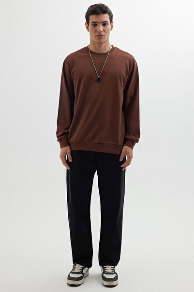 Tudors Erkek Relax Fit Rahat Kesim %100 Pamuk 2 İplik Bisiklet Yaka Kahverengi Sweatshirt