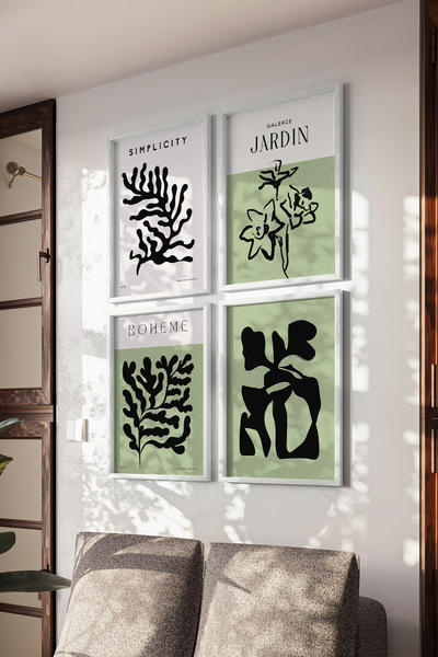 Basquiart Decor minimalist boem, set de 4 postere cu ramă albă, set de pictur...