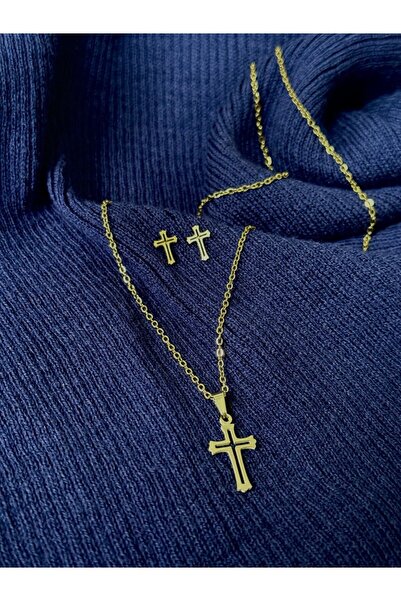 staınless steel Haç kolye küpe seti-Çelik seti