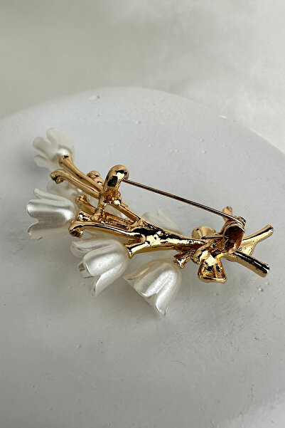 Modex Altın Rengi Yeşi Mineli Fiyonk Detay Laleler Broş (6cm)