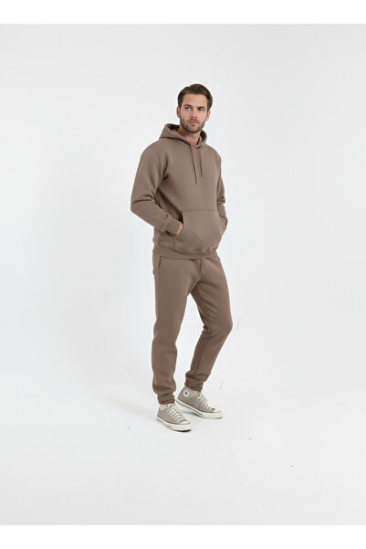 Sizce Moda Καφέ Σετ Φούτερ με 3 Τσέπες Καγκουρό με Εσωτερικό Φλις (Μαλλί)