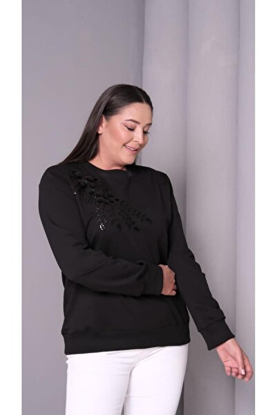 Seviliko Kadın Büyük Beden Önü Boncuk Pul Payet İşlemeli Viskon Sweatshirt