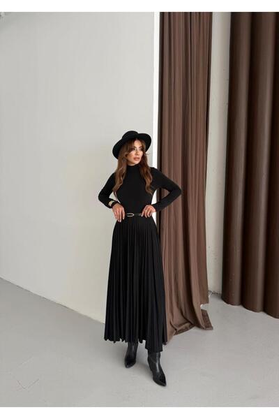 QİMYA BUTİK BUKETLİ Rochie lungă pentru femei, cu guler înalt, cu pliuri în partea de jos, cu centură, din țesătură Sandy, cu mâneci lungi