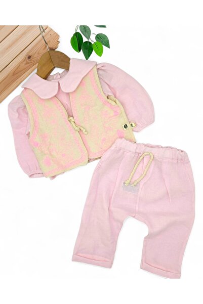 Ege Bebek Kız Bebek 3'lü Şık Müslin Takım, 6-9-12-18 Aylık Mevsimlik Yelekli Şık Kız Bebek Takımı