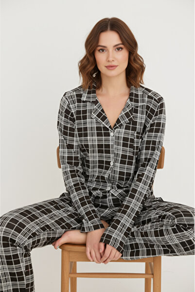 Bravie Set de pijamale pentru femei cu mâneci lungi, din viscoză, negru, alb, cu model în carouri – 42575