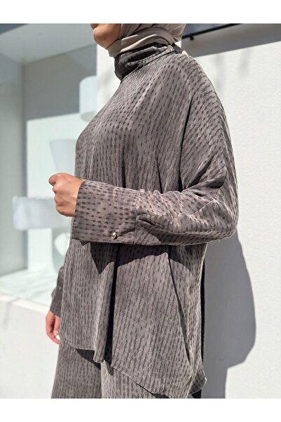 Babil Butik Td4558 Mila Textured Shawl Detail Women's Set Brown