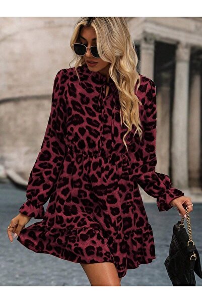 Monapera Kadın Uzun Kollu Yakadan Bağcıklı Modal Leopar Desenli Mini Elbise
