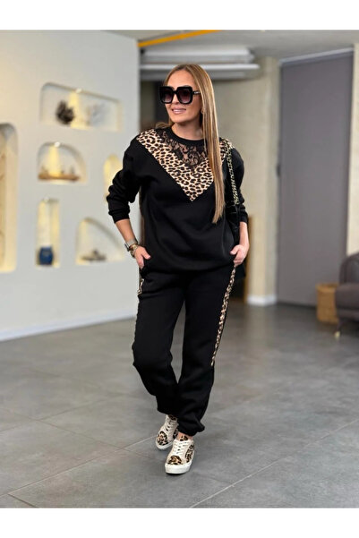 Wear Up    Women's Three Thread Fabric Leopard Print Lace Detailed Double Suit