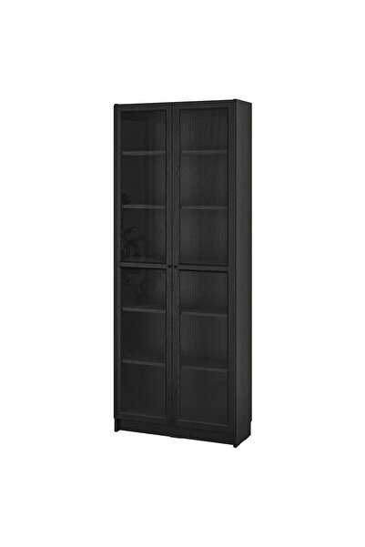 hobiurun Cam kapaklı kitaplık, siyah meşe görünümlü, 80x30x202 cm