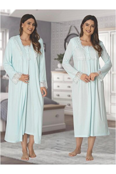 Lohusa Homewear Women's Turquoise Special Design Lace Long Sleeve Winter Cott...