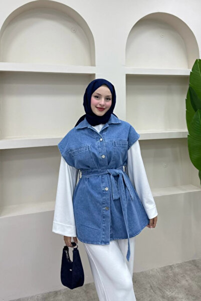 onlymoon Women's Denim Vest ♦   Light Blue ♦   Double Pocket Belted ♦   Modern Casual Stylish Combination ♦   Denim Jacket