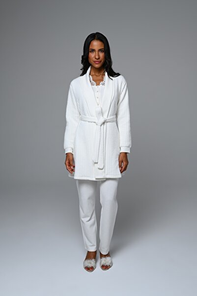 Marilyn Club Sabahlıklı Uzun Kollu Kadın Pijama Takımı 3'lü Set(Kışlık)