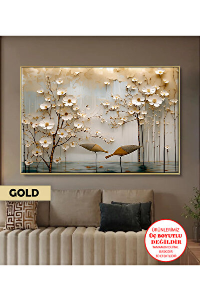 Harikabirev | ÇİÇEK-KUŞ DESENLİ SOYUT MODEL | ÇERÇEVELİ KANVAS TABLO CKYATAY
