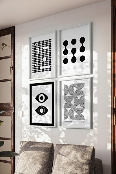 Basquiart Poster alb-negru Bauhaus, set de 4 postere cu ramă albă, set de pic...