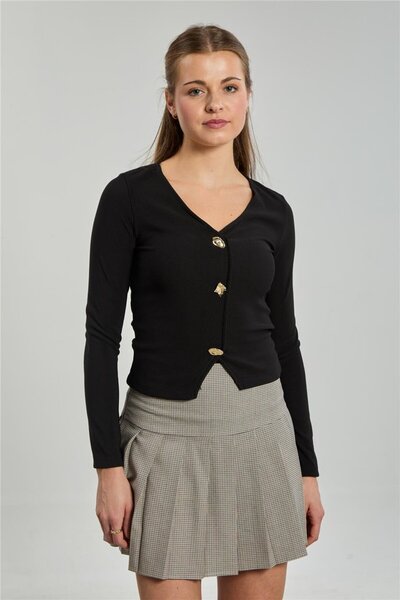 BARRELS AND OIL Women's V-Neck Long Sleeve Button Detail Blouse - Black