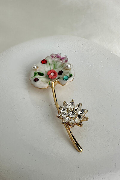 Modex Altın Rengi Taş Çiçek Süslemeli Tasarım Broş (5cm)