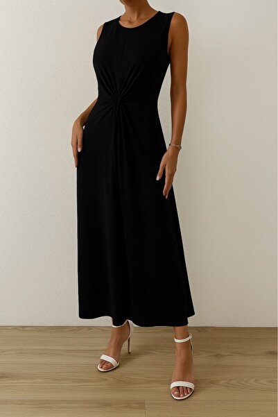 Wear Up Women's Zero Sleeve Crew Neck Side Gathered Viscose Dress