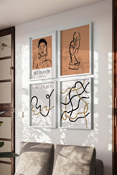 Basquiart Set de 4 postere cu ramă albă Toprak Bohem, set de picturi nr:12