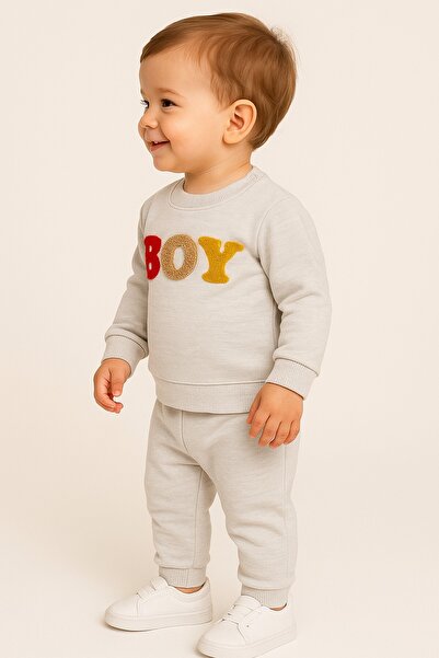dinamik çocuk Erkek Bebek BOY Nakışlı Renkli Harfli 2’li Takım Sweatshirt ve Eşofman Altı 3-6-9-12ay