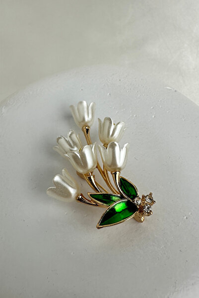 Modex Altın Rengi Mineli Yaprak Taş Detay Lale Buketi Broş (5cm)