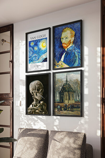 Basquiart Poster artistic Van Gogh, înrămat negru, set de 4 piese, set de pic...