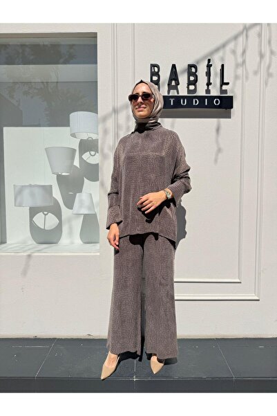 Babil Butik Td4558 Mila Textured Shawl Detail Women's Set Brown