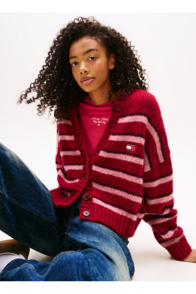 Tommy Jeans Standart Çizgili Kırmızı Kazak Kadın DW0DW21678XJP