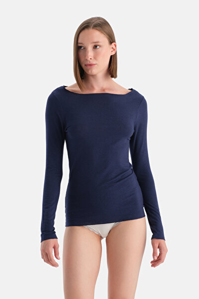 Eros Navy Blue Modal Cashmere Boat Neck Long Sleeve Top
