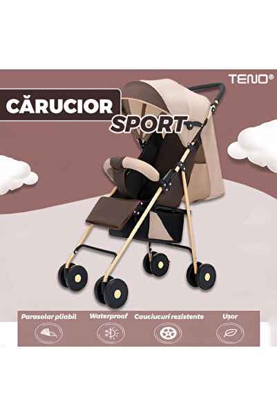 Teno Cărucior sport pentru bebeluși Teno®, pliabil, ușor de transportat, cu centură de siguranță, 12 kg, maro/crem