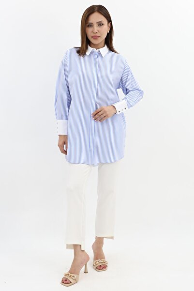 Moodbasic Etiket Detaylı Çizgili Gömlek Mb11.285 - Mavi