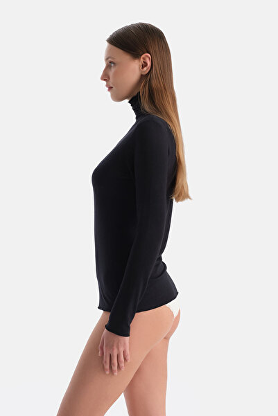 Eros Black Modal Cashmere High Neck Long Sleeve Top