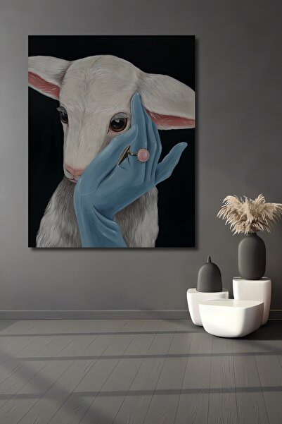 Teona Ahşap Tablou decorativ din lemn dreptunghiular Miel alb și mână albastră