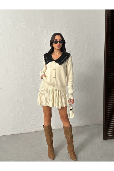 BEJNA Women's Cream Stylish Collar Blouse Skirt Bottom Top Knitwear Set