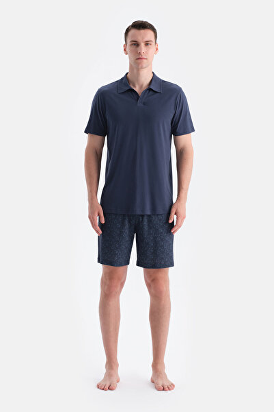 Eros Navy Blue Polo Neck Patterned T-Shirt Shorts Set