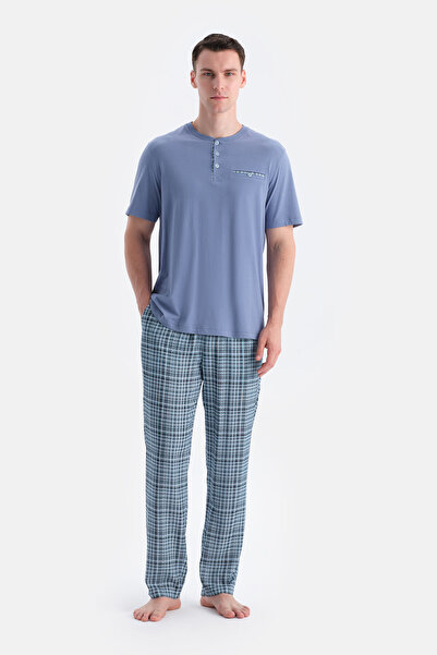 Eros Blue Patchwork Plaid T-Shirt and Pants Set