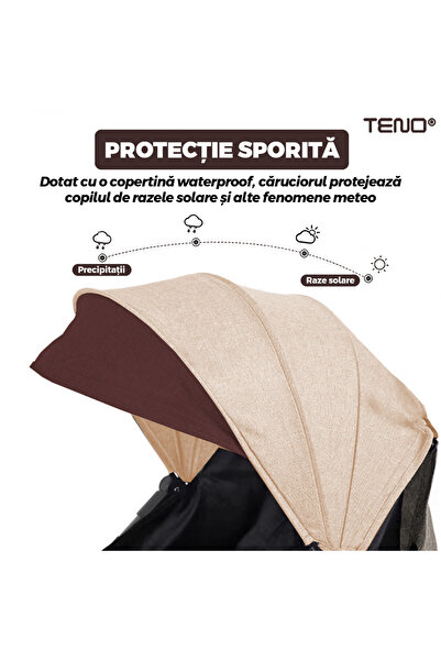 Teno Cărucior sport pentru bebeluși Teno®, pliabil, ușor de transportat, cu centură de siguranță, 12 kg, maro/crem