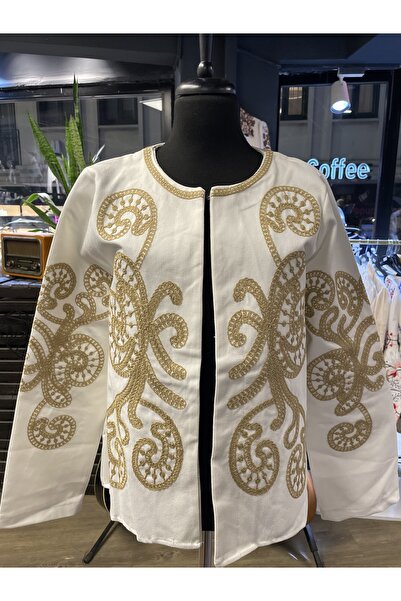 QUSİ Women's Embroidered Stone-Embellished Long Sleeve Cotton Cashmere Jacket