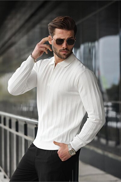 Madmext White Half Zip Polo Neck Knitwear Sweater E7426