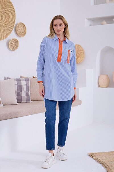 Moodbasic Renkli Garnili Çizgili Gömlek Mb11.233 - Mavi