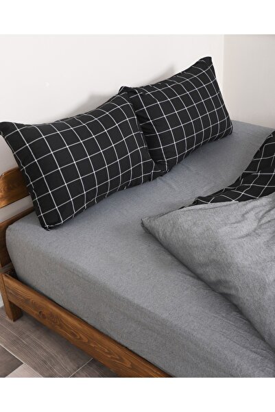 HRN Textile Set de lenjerie de pat dublu în carouri cu cearșaf de pat