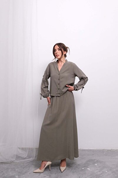 Hatun Atila Relaxed Fit V-Neck Top and Flowy Skirt Set D005- Khaki