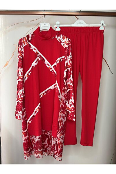 Moodbasic Patterned Chiffon Hijab Swimsuit - Red