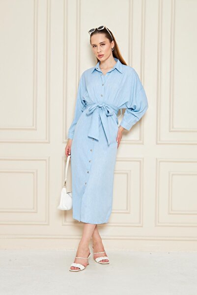 Kutaf Φόρεμα πουκάμισο με κουμπιά με μπλε ζωνάκι- Κομψό γραφείο – καθημερινό συνδυασμό