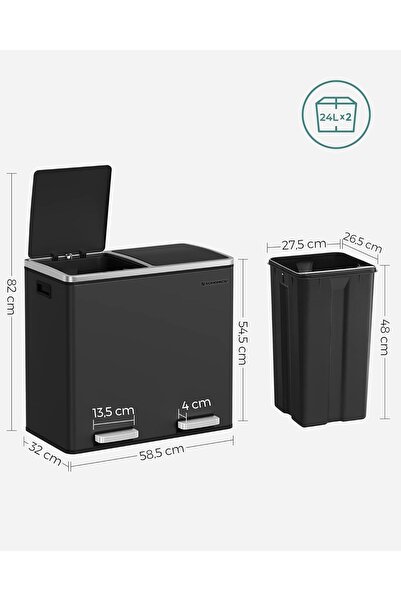 SONGMICS Stainless steel waste bin with 2 compartments for selective collection, 2x24 liters, black