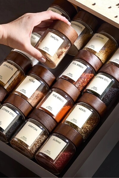 Kitchen Life Acassia Set of 12 Acacia Lid Borosilicate Glass Spice Shakers / 56 Labels Gift / 200ml