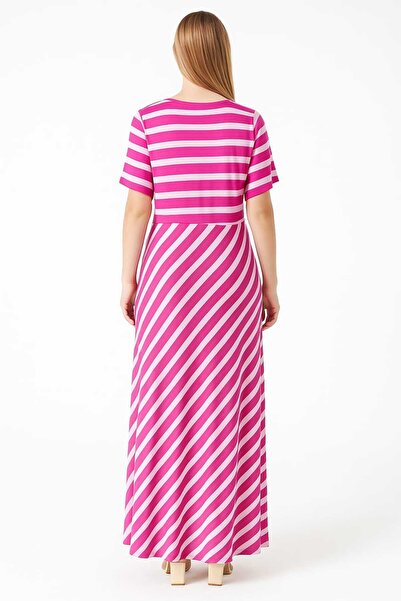 Şans Γυναικείο μακρύ φόρεμα με ριγέ ροζ-λευκό ριγέ βισκόζη 65N39173